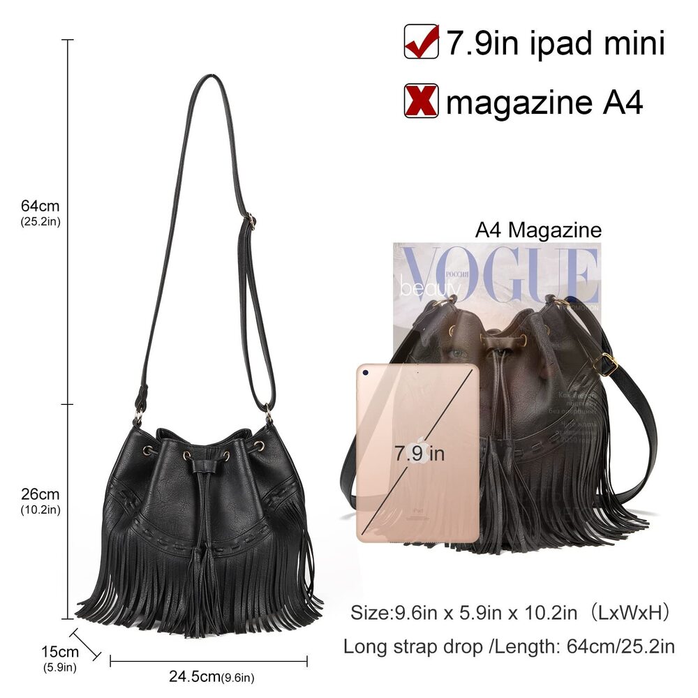 6916 Leather Bucket Bags Crossbody Fringe Purses with Drawstring Tassel - Picture 4 of 7